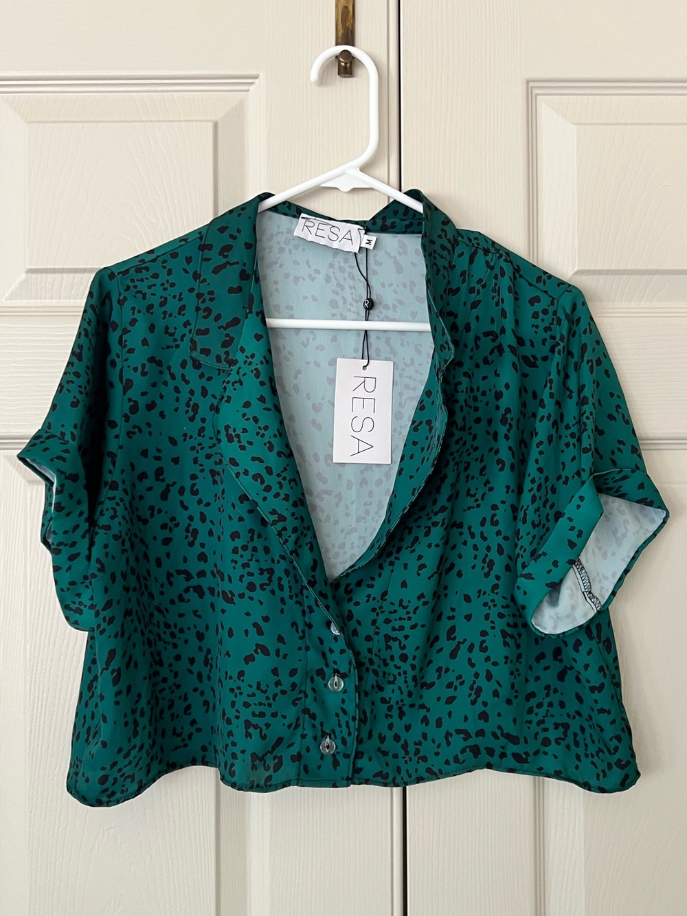 NWT RESA Teal Green Short Sleeve Button-Front Blouse